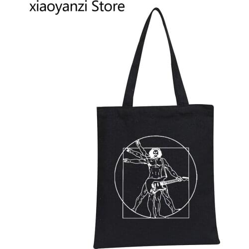 Da Vinci guitar funny Shoulder Bag Vitruvian Man rock band Vintage Graphic Music Novelty streetwear Eco Reusable Shopper Bags