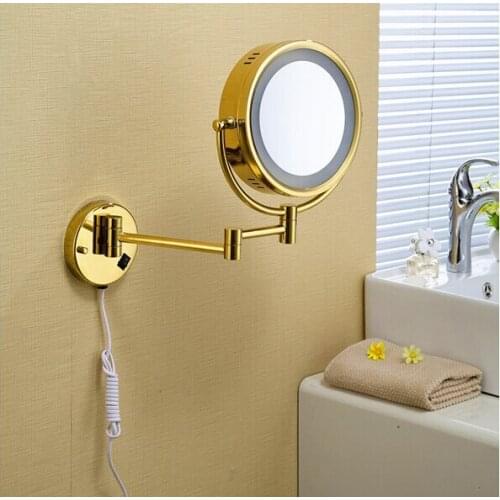 Hot Sale Bathroom Gold Wall Mounted 8 inch Brass 3X/1X Bath Led Mirror Folding Makeup Mirror Cosmetic Mirror Lady Gift
