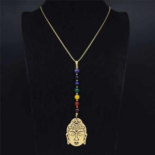 Yoga Buddha Head 7 Color Chakra Stone Stainless Steel Chain Long Necklaces Women Gold Color Necklaces Jewelry NXS04