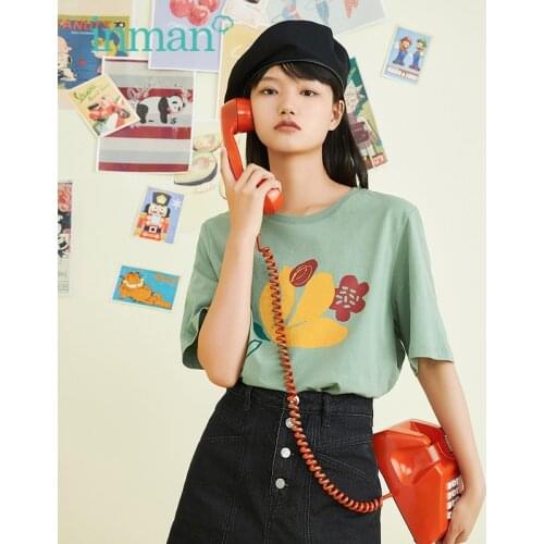 INMAN Summer T-Shirt Women Casual Korean Style Flower Printing Round Neck Positive Shoulder Loose Short-Sleeved Female Top