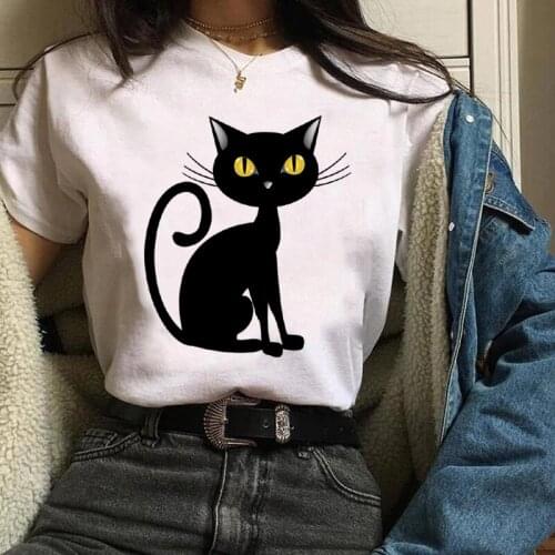 Women Print Clothes Graphic Cat Pet Lovely Animal Cartoon Fall Autumn Halloween Lady Tees Tops Female T Shirt Womens T-Shirt