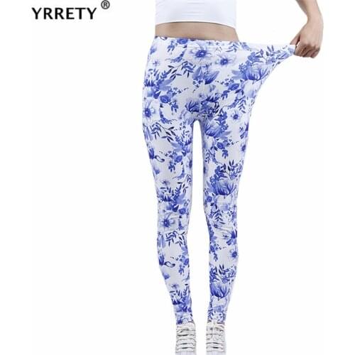 YRRETY Fitness Women Leggings Fashion Patchwork White Blue Leaves Pattern High Waist Elastic Push Up Ankle Length Polyester 2021