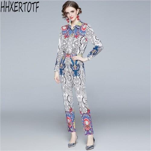 2020 autumn Designer Runway Pattern Print Shirt Trousers Two Piece Set Women Long Sleeve Blouse Top+ Pants Sets