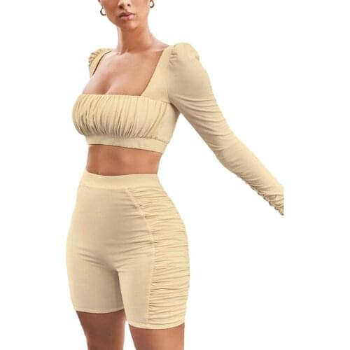 BSTCOCHI Solid Sexy Two Piece Shorts Set Women Long Sleeve Low Cut Crop Top and Shorts Matching Set Ladies 2 pieces Fitness Set