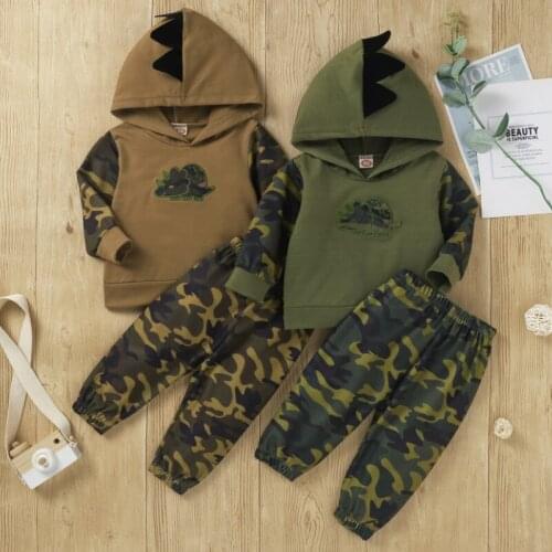 Baby Boys Camouflage Clothes Set, 3D Cartoon Dinosaur Print Long Sleeve Hooded Tops+Trousers Spring Autumn