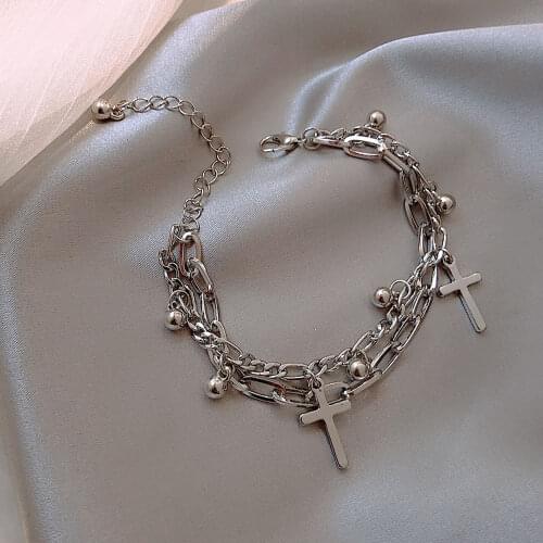 Trendy Christian Cross Pendant Bracelet Stainless Steel Layered Vintage Handchain for Women 2020