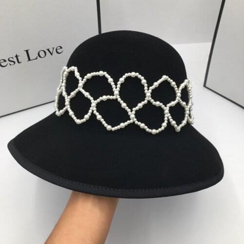 Winter new wool bucket hat for women felt hat Hepburn French fisherman cap elegant pearl socialite tidal