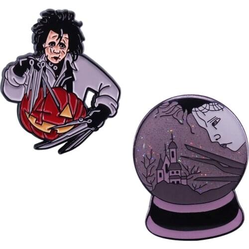 Edward Scissorhands Pin Magic Crystal Ball Brooch Halloween Creepy Carver Badge Tim Burtons Fandom Art Collection