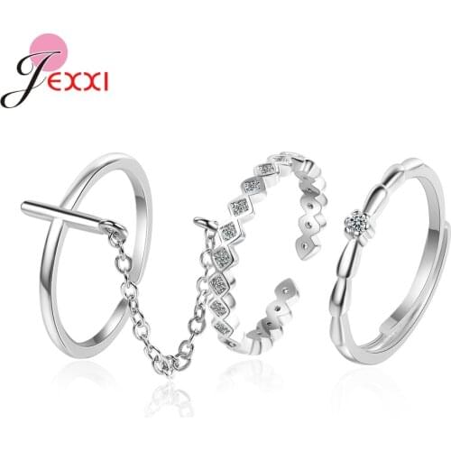 3Pcs/Set New Fashion Crystal Rings Set For Women Girls 925 Sterling Silver Ring Geometry Couple Rings Female Jewelry Gift