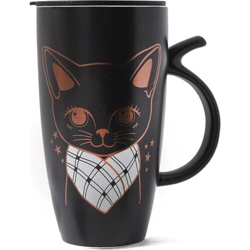 640ml Large black and white Cat Water Cup Ceramic Cute Cat Coffee Mug Tall Animal Mug with Lid couple cup mug