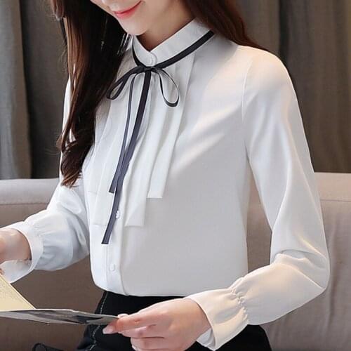 Blusas Mujer De Moda 2021 Long Sleeve Chiffon White Blouse Women Tops Stand Collar Blouse Women Womens Tops And Blouses C487