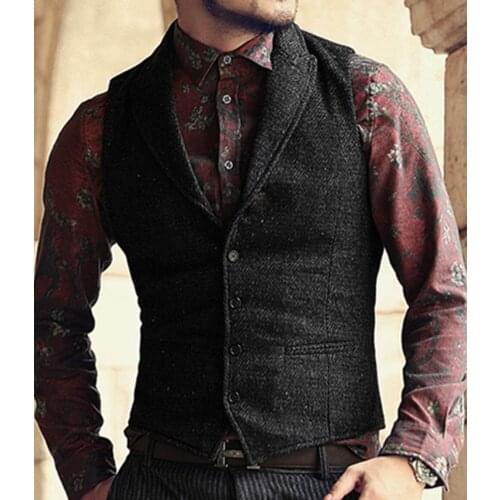 Black/Brown/Blue MensTweed Waistcoat Vintage Vest Wool Herringbone Notched Collar Slim Fit for Winter Party Gilet Chaleco