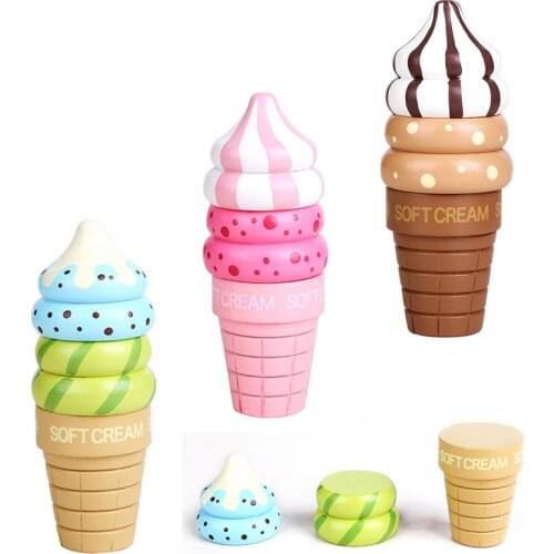 3 pcs Wooden Ice Cream Pretend Play Toys Kitchen Food Sweets Toys Play Gift For Children Magnetic Vanilla Chocolate Strawberry