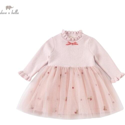 DBM19975 dave bella winter baby girls cute bow stars mesh sweater dress children fashion party dress kids infant lolita clothes