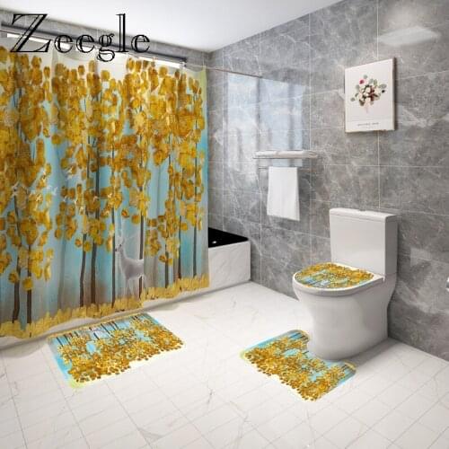Printed Leaves Bath Mat and Shower Curtain Set Microfiber Toilet Floor Mat Bathroom Mat with Curtain Absorbent Bathroom Foot Mat