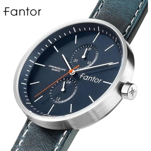 Fantor Men Blue Leather Luxury Chronograph relogio Slim Thin Casual Sport Quartz Wrist Watch for Man