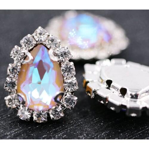 New glass rhinestones teardrop shape sew on Sliver base crystal button Brown fluorescence crystals rhinestones for garment/dress