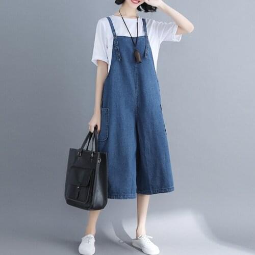Autumn Women Denim Playsuits Casual Loose Jeans Jumpsuits Female Calf-Length Pants Overalls Wide-legged Trousers Plus Size A1491