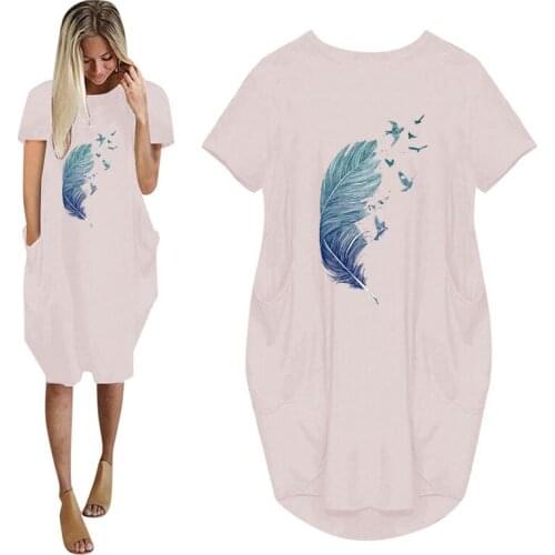 Feather 90s Cute Print Women Summer Short Sleeve Casual Dress With Pocket Ladies Fashion O Neck Long Tops Female T Shirt Dress