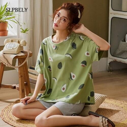 SLPBELY Womens Pajamas Pyjamas Set Summer Cartoon Avocado Printed O Neck Short Sleeve Mujer Pijama Sleepwear Homewear Nightwear