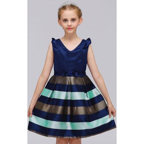 Girl Dress New Fashion Bow Stripes Princess Dress Sleeveless V-Neck Reception Formal Birthday Party Dress 3 To 8 Years