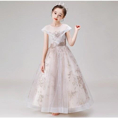 Flower Girls Dresses Ball Gown O-Neck Floor-Length Sleeveless Sequined Tulle Pleat Lace Luxury Princess Kids Party Dress D169