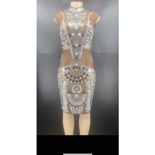 Silver Mirrors Rhinestone Transparent Short Dress Evening Birthday Celebrate Mesh Dress Women Dancer Prom Dress