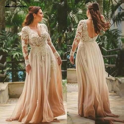 Champagne V Neck Boho Mother Dresses A-Line Floor Length Bridal Gown Indian Style Backless Lace Mother of Brides Gowns