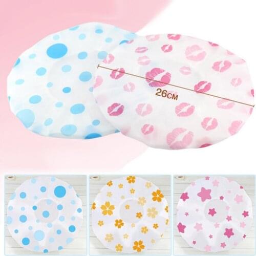 Wave Point Thick Waterproof Bath Hat Double Layer Women Cartoon Heart Lip Flower Print Waterproof Elastic Bathing Hat Shower Cap