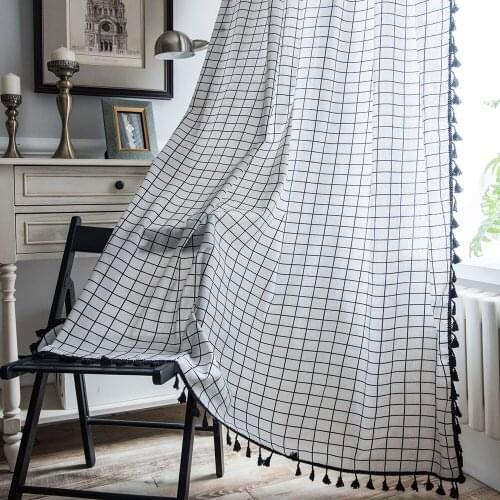 Modern White Plaid Semi Blackout Curtain With Tassel Bedroom Blinds French Windows Curtain Cotton Linen Finished Curtains