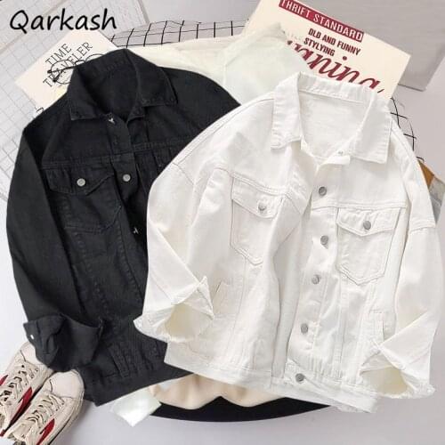 Denim Coat Women Long Sleeve Turn-down Collar Pockets Leisure Simple Basic Outerwear Spring Autumn Solid Color Preppy Style Teen