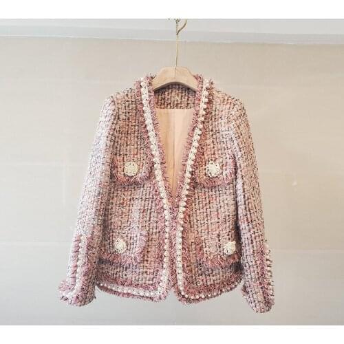 Pink Plaid Tweed Jackets Women Autumn Winter Pearls Beading Tassel Coats V-Neck Vintage Woolen Outwear Plus Size Design B581