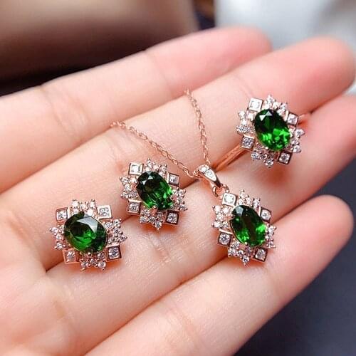 Green Crystal Emerald Gemstones Jewelry Sets for Women 18k Rose Gold Color Stud Earrings Pendant Necklaces Bijoux Party Gifts