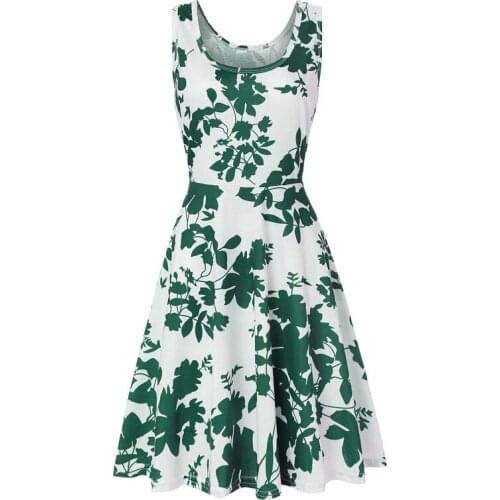 Summer Vintage Sleeveless O Neck Dress Elegant Green Leaves Print Pullover Patchwork Dresses Female