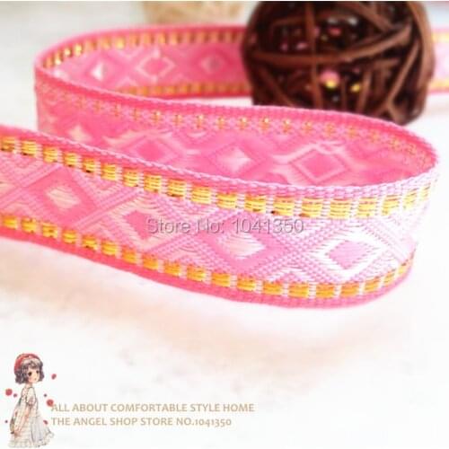 14mm 20yards/lot Zakka Craft Accessories Ribbon Laciness Pink Woven Jacquard Ribbon With Geometric Patterns Free shipping