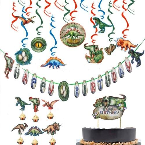 44pcs Dinosaur Party Decorations Happy Birthday Banner Hanging Swirls Cake Topper Jurassic Theme Decor Party Supplies for Boy