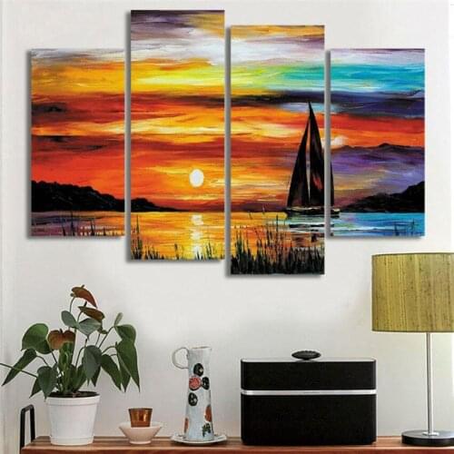 Abstract Wall Painting Printed On Canvas Dusk Lake Boat Sailing Canvas Painting Cuadros Abstractos For Home Decoration Gift