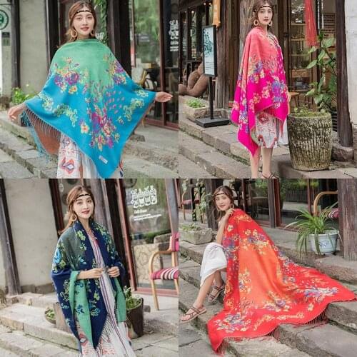 AMYO Imitation Wool Cashmere Square Scarf 140*140CM Women Jacquard Flower Pashmina Winter Warm Fine Tassels Shawls