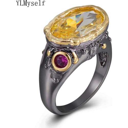 Shiny Oval Golden CZ Stone Ring Fashion Jewelry Lady Jewellery Black-Gold 2 tone plated Rings for women
