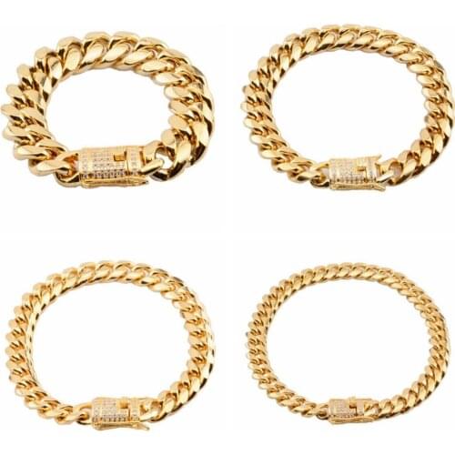 Shiny Gold Color Stainless Steel 10/12/14/16/18mm Wide Casting Clasp 7-11 Inches For Mens Miami Curb Cuban Link Chain Bracelet