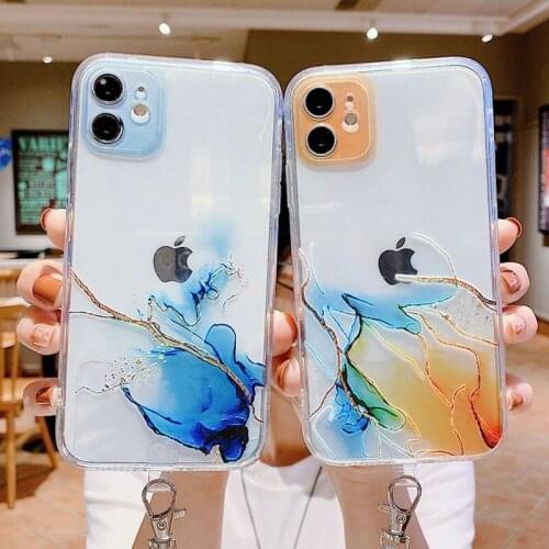 Moskado Watercolor Painting Strap Cord Chain Phone Case For iPhone 11 Pro 12 Pro Max X XR XS Max 7 8 7Plus Clear Soft TPU Cover