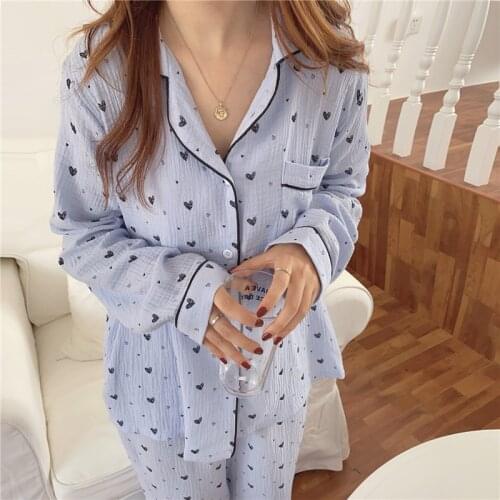 Women men couple pajams set home clothes trousers suit love heart print 100% cotton sleepwear 2 piece set comfortable Y576