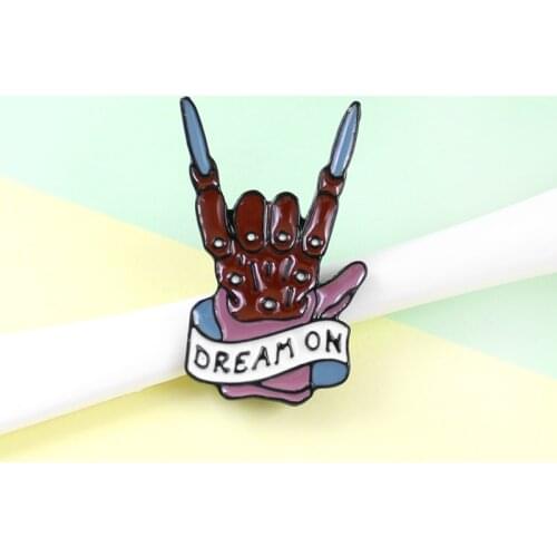 Long nail devils hand custom enamel brooch evil 7 fingers DREAM ON letters fashion shirt backpack badge lapel pin gift