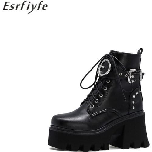 ESRFIYFE 2020 New Autumn Winter PU Leather Women Ankle Boots Punk Motorcycle Boots Party Shoes Woman Lace Up Female Short Boots