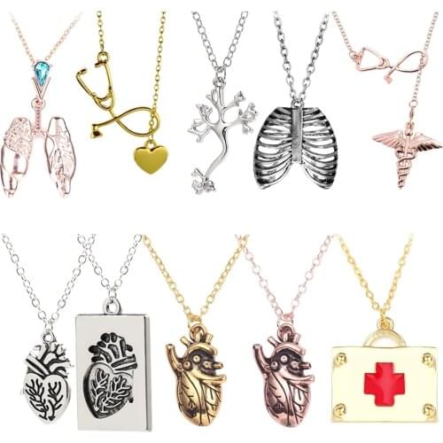 Medical Jewelry Heart Stethoscope Lungs Rib First Aid Kit Neurology Organs Anatomy Necklace Doctor Nurse Graduation Medical Gift