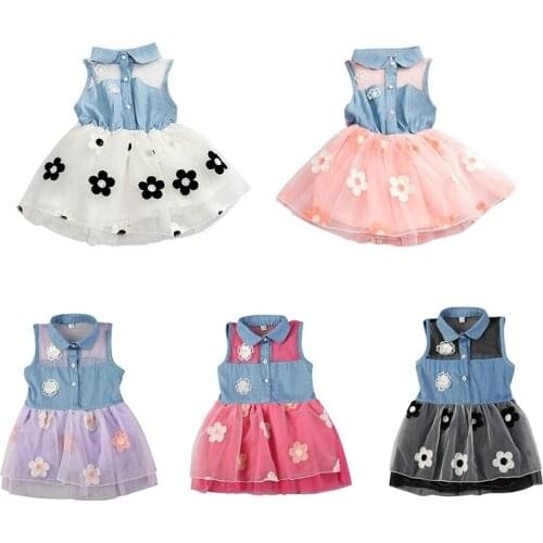 Girls Cute Princess Dress Kids Girls Denim Sleeveless Tops Tulle Tutu Dresses Mini Dress 2-7Y Sweet Children Clothes