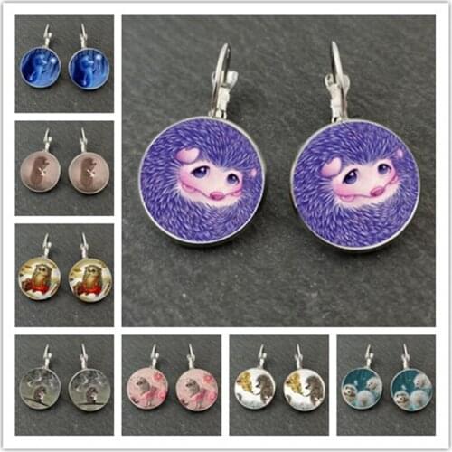 Fashion Hedgehog Stud Earrings Animal Toy Animal Hedgehog Glass Dome Charm Pendant Earrings Decoration Gifts for Girls