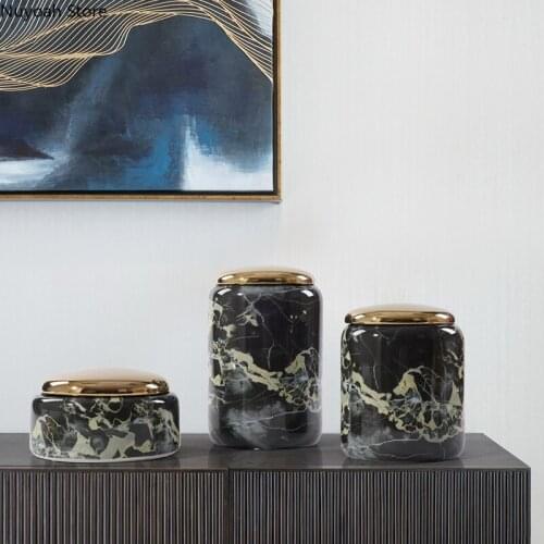 Marble Pattern Ceramic Storage Tank Modern Classical Light Luxury with Lid Storage Ornaments Living Room Decoration Accessories