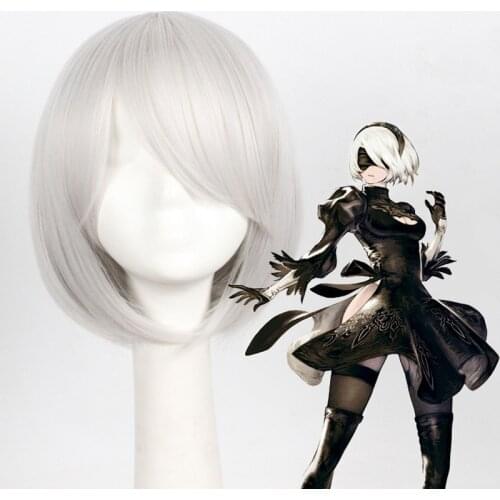 NieR Automata 2B YoRHa No. 2 Wig White Short Straight Cosplay Wig Women Bob Hair Heat Resistant Synthetic Hair Cosplay Costumes