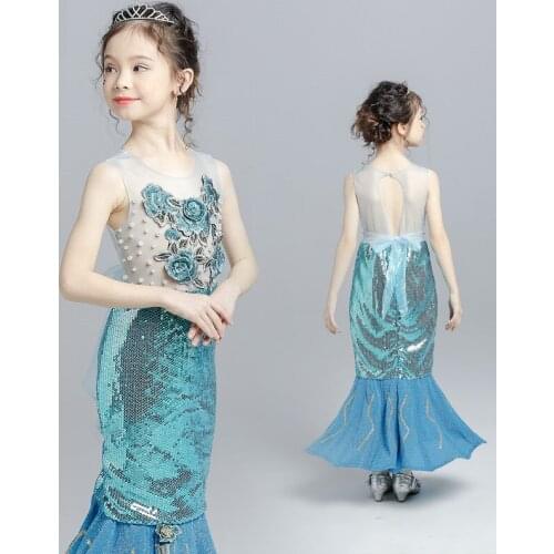 Princess Dress for Girl Catwalk Dress Stage host Costume Sexy Tulle Flower Sequin Girls Dress Elegant Party Blue Long Vestidos